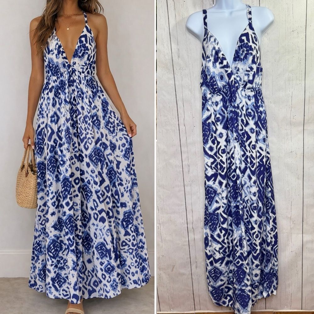 Faded Glory Blue White Ikat Print Maxi Dress Smocked Spaghetti Strap Boho Resort